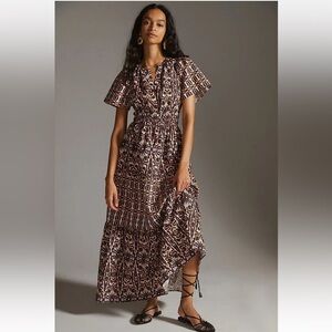 Anthropologie Maeve Somerset Maxi in Orange Navy Print Cotton Dress - Small